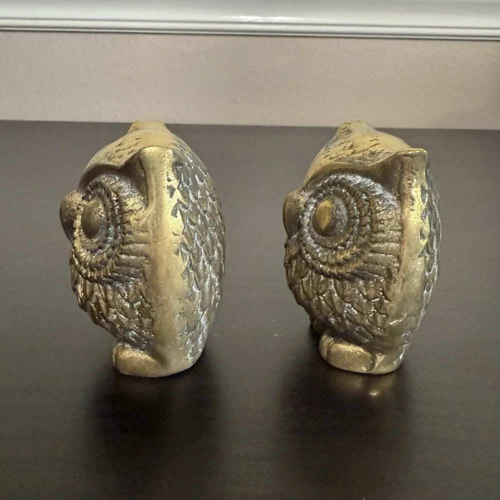 Brass Owl Pair Figurines Paperweights Vintage Patina MCM Mid Century Couple